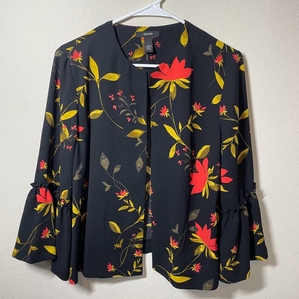 ALFANi women's top blazer ruffle front black floral one buckle closure size M